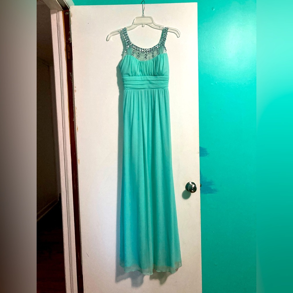 Mint green Crystal Doll long prom dress. Size 3.